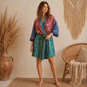 NWT Patchwork Silk Kimono Robe Boho Floral Paisley Multicolor Tie Waist